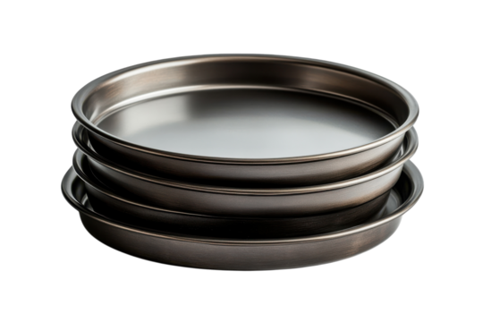 Stacked metal baking pans arranged neatly on a clean surface ready for culinary use in a kitchen setting