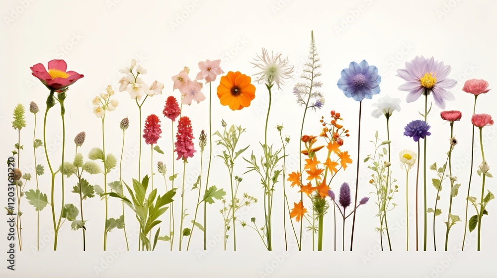 Poster beautifully arranged rows of six diverse flowers in distinct shapes and vibrant colors displayed aga