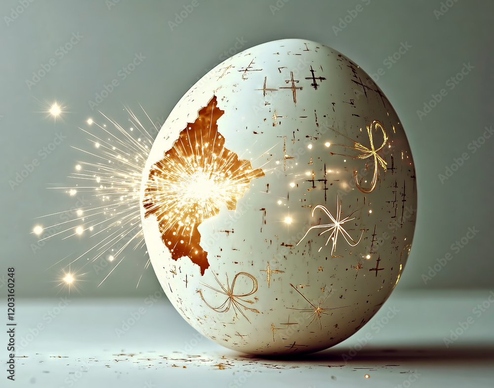 Poster easter egg exploding with golden light and sparkles