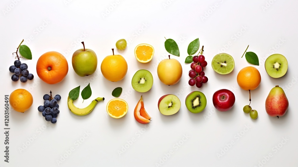 Poster visually compelling minimalist still life showcasing an arrangement of diverse fruits with unique ge