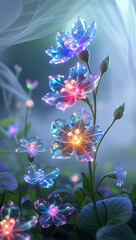 Spectral forget-me-nots bloom ethereally amidst swirling mist, their delicate blue petals glowing with an otherworldly light. Created with generative AI.