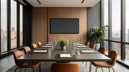 Executive boardroom meeting presentation city view modern environment