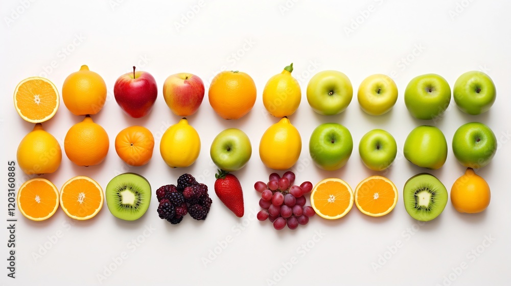 Poster beautifully arranged assortment of twelve different vibrant and juicy fruits symmetrically positione