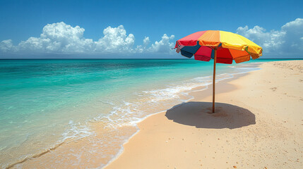 Colorful Beach Umbrella on Sandy Shoreline