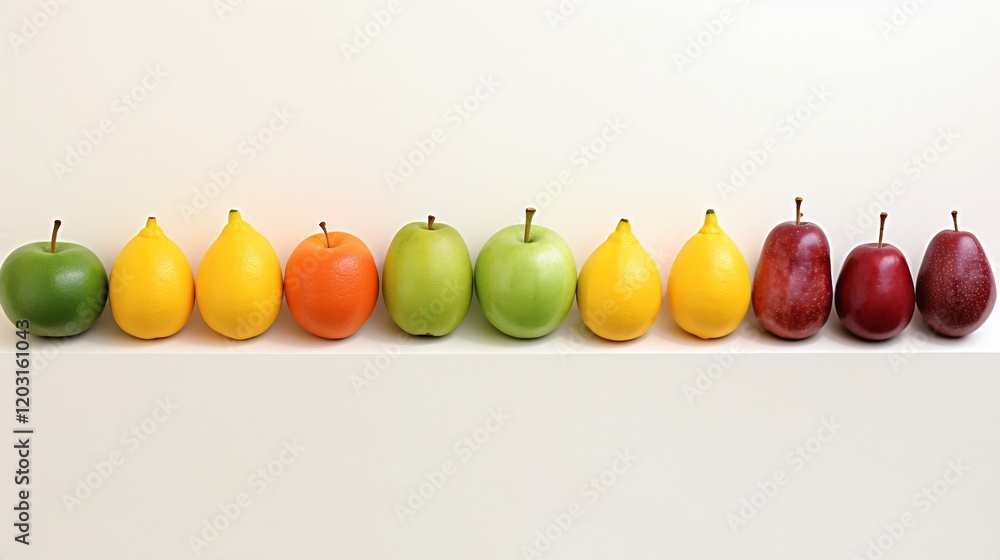 Poster carefully composed still life featuring twelve diverse and colorful fruits arranged in two symmetric