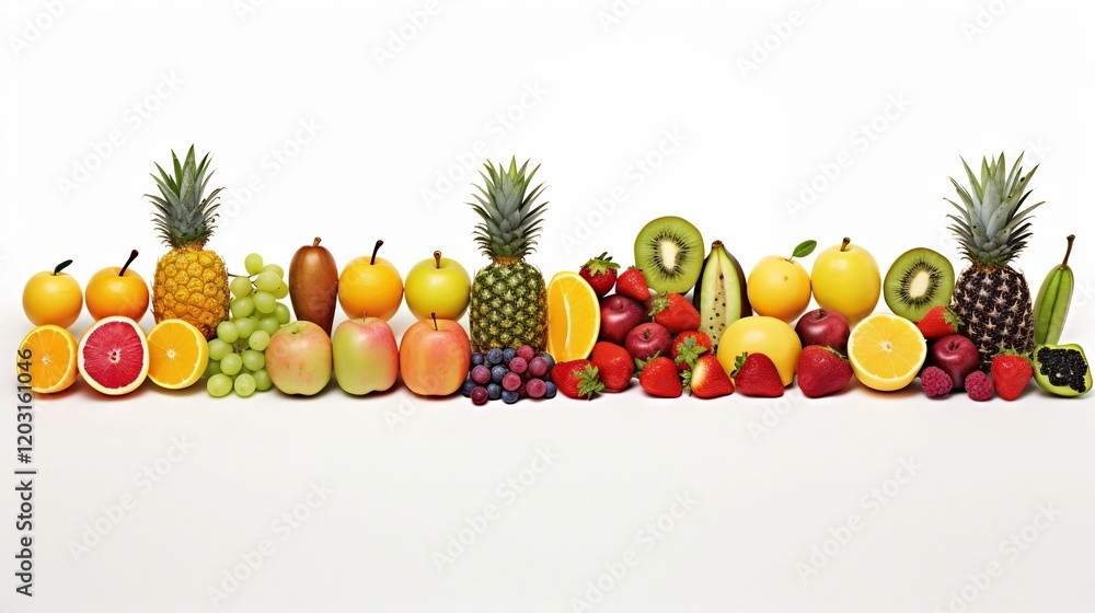 Poster assortment of twelve distinct vibrant fruits arranged in two neat rows showcasing varied natural tex