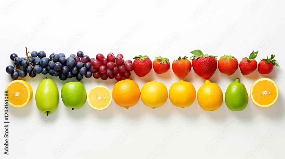 Poster striking symmetrical arrangement of twelve colorful fruits displayed in two neat rows against a plai