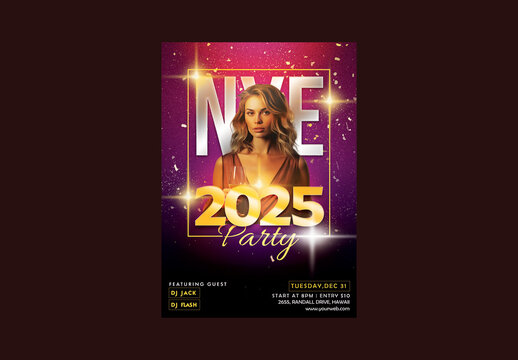 NYE 2025 Party Template with Elegant Blonde Female in Golden Confetti.