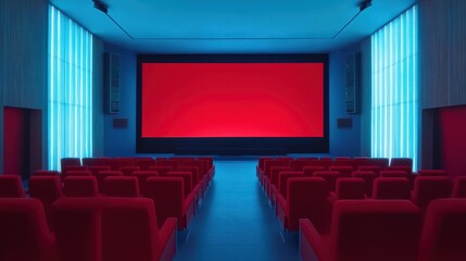 Fototapeta premium People in the cinema auditorium with Cinema blank wide screen and red chairs in the cinema hall,People silhouettes watching movie performance,empty white screen,space for text,copy space.