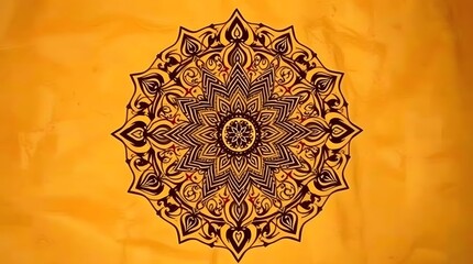 Ornate Mandala Design Amber Background Intricate Dark Brown Floral Pattern