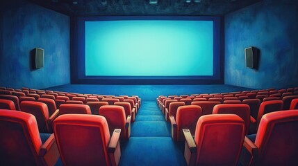 People in the cinema auditorium with Cinema blank wide screen and red chairs in the cinema hall,People silhouettes watching movie performance,empty white screen,space for text,copy space.