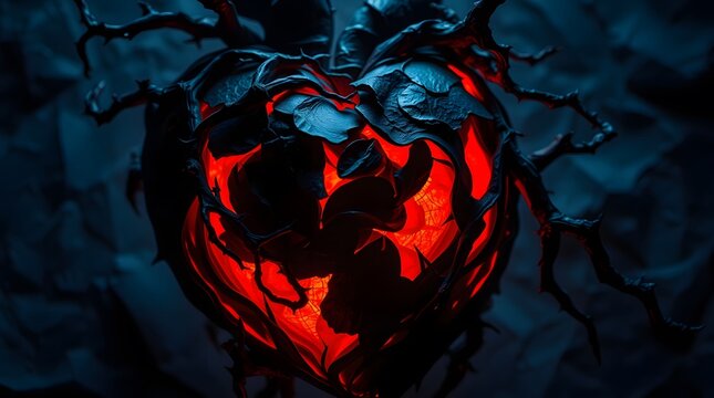 Glowing Heart Sculpture Dark Floral Vines Red Light Artwork