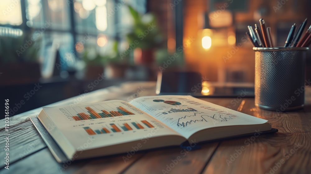 Poster detailed analysis of financial data in a stylish workspace setting