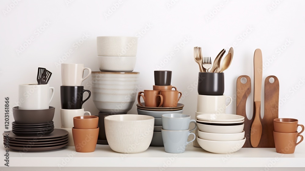 Poster elegant assortment of tableware including an array of cups bowls and cutlery pieces presented on a c