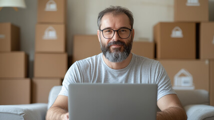 Small business owner working on laptop with boxes in background, managing orders