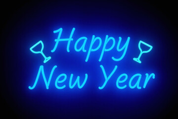 Happy New Year in blue neon with wine glasses on black background