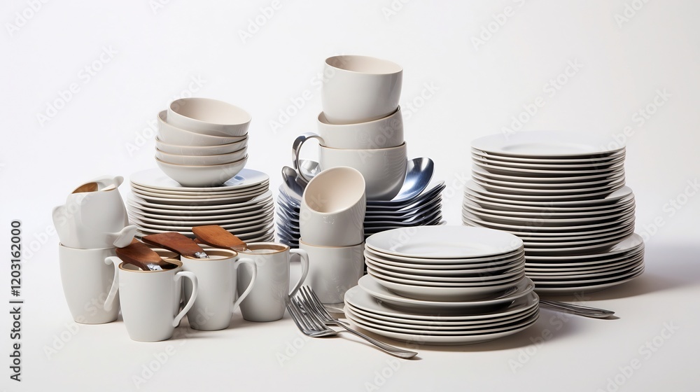 Poster beautifully arranged collection of twelve dining utensils including cups plates and cutlery displaye