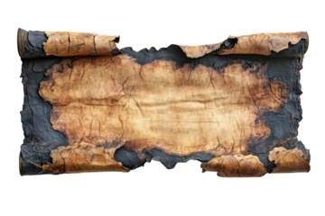 Ancient scroll with burned edges revealing faded text and aged texture displayed on a neutral background