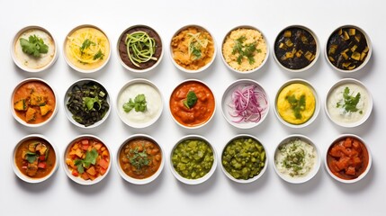 An assortment of six distinct culinary items including curries and sandwiches displayed in two symmetrical rows on a clean white background