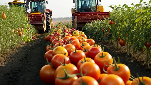 Two tractors are harvesting tomatoes in a field