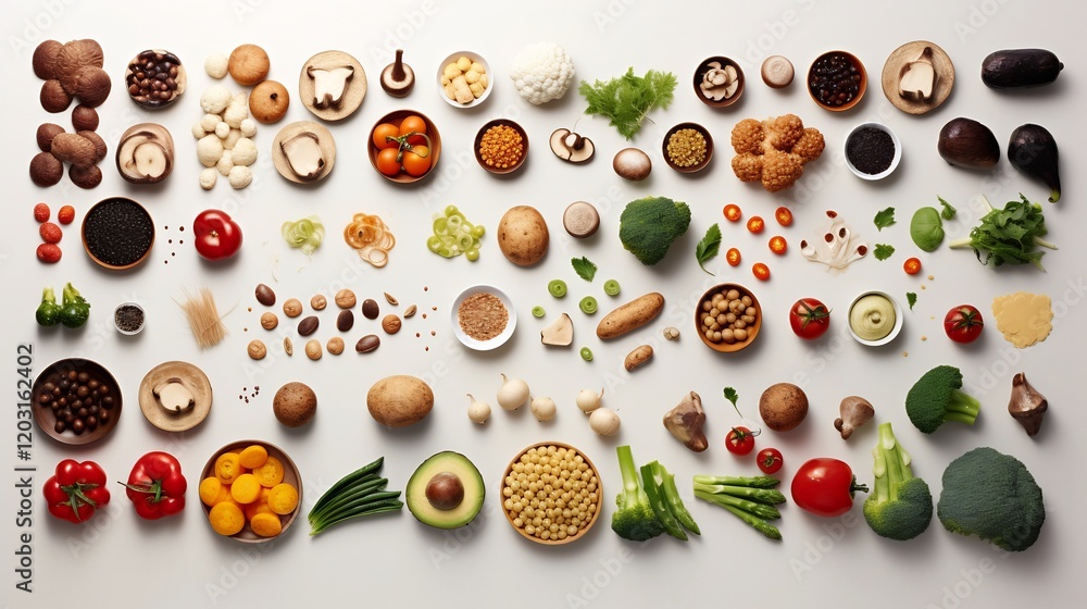 Poster twelve distinct food items including various fresh fruits vegetables grains and other culinary eleme