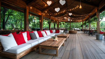 Fototapeta premium Cozy outdoor seating area with heart decorations and warm lighting