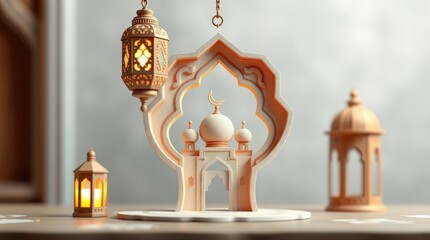 Obraz premium 3D render celebrating Ramadan Kareem. An Arabic lantern, a crescent moon, and a mosque portal are the focal points, crafted from textured papier-mâché in dynamic motion. Blurred background