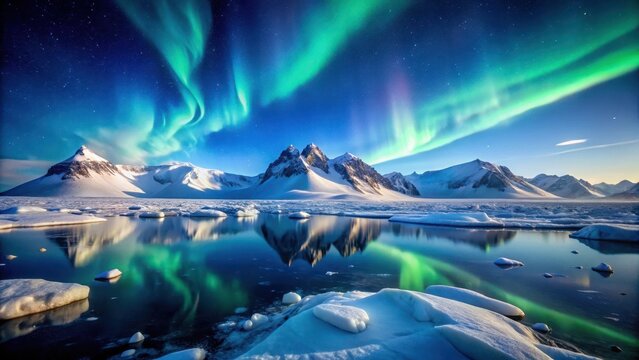 Frosty Arctic landscape with snow-capped mountains and glaciers, set against a clear blue sky with the Northern Lights dancing across the horizon, glaciers, northern lights