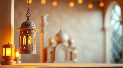 Obraz premium 3D render celebrating Ramadan Kareem. An Arabic lantern, a crescent moon, and a mosque portal are the focal points, crafted from textured papier-mâché in dynamic motion. Blurred background