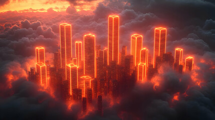Obraz premium Fiery Cityscape above the Clouds: A Digital Fantasy