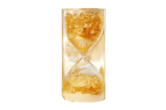 Stylish hourglass with golden crystals depicting the passage of time in a contemporary setting