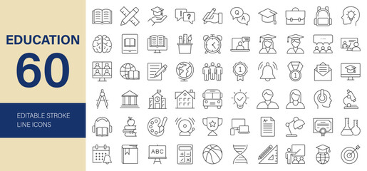 Education Line Editable Icons set. Vector illustration thin line style of school & E-learning icons: school subjects, supplies, science, Graduation, Education Platform ideas, online learning and more.