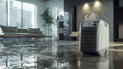 Industrial dehumidifier in flooded room for water extraction and restoration.