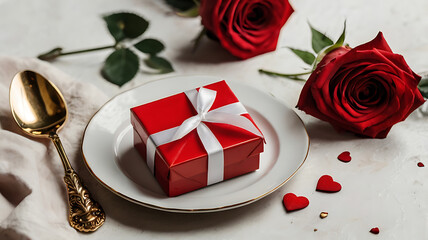 Red roses with a gift box, a symbol of love and celebration, perfect for Valentine's Day, weddings, anniversaries, or birthdays, with a romantic ribbon and heart-shaped decoration