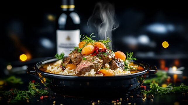 Steaming savory stew rich colors warm lighting delicious meal. AI Generated