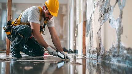 Specialist in hard hat checks humidity in water-damaged room.