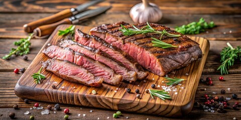Fototapeta premium Juicy medium rare grilled beef ribeye steak sliced into thin strips on a wooden cutting board, with a hint of charred flavor and a sprinkle of fresh herbs, culinary art, food