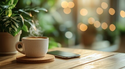 Cozy Coffee Cup with Steam and Plant in Warm Ambient Light