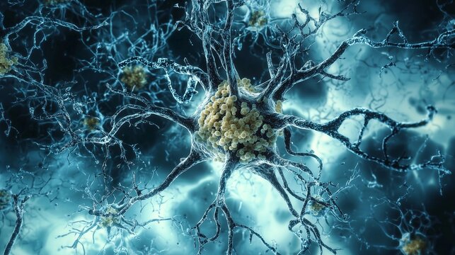 Neurons with tangled tau proteins, illustrating tauopathy's impact on brain function.