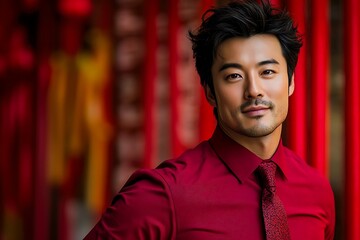 Fototapeta premium Festive Elegance: Man in Red Attire for Chinese New Year