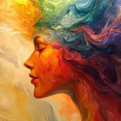 Vibrant colors and flowing patterns depict a serene figure with a colorful head of hair in a surreal artwork