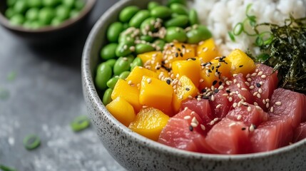 poke bowl with sushi-grade tuna edamame mango