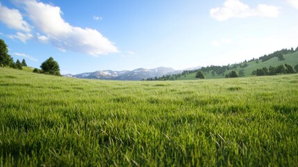 Fototapeta premium Serene grassy field with mountain view