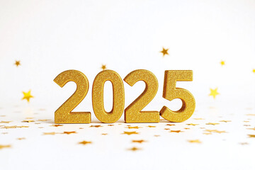 celebratory scene with 2025 in glittering golden font and confetti