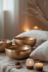 A serene composition featuring golden singing bowls resting on a soft fabric, surrounded by lit candles and natural dried plants, evoking tranquility and relaxation