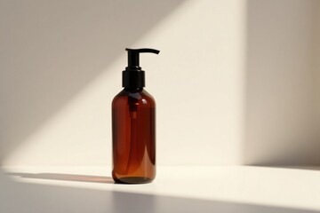 Amber bottle with pump dispenser in soft sunlight on minimalist background