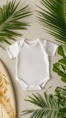A plain white baby onesie is displayed amidst tropical leaves and a decorative surfboard, creating a fresh, summery vibe.
