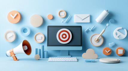 Digital marketing goals represented with computer, target, and various icons. This creative setup showcases strategies and analytics