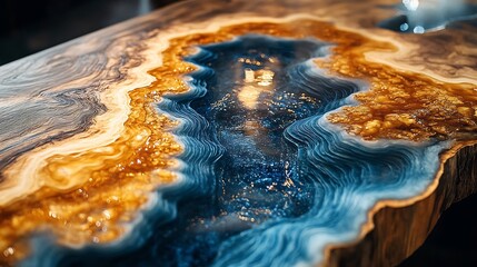 Beautifully crafted tabletop featuring a mix of rich wood and shimmering blue epoxy resin displaying an artistic texture that reflects light ideal for showcasing in a modern banner design