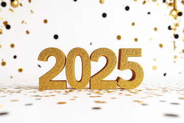 bold celebratory scene with 2025 in glittering golden font and confetti